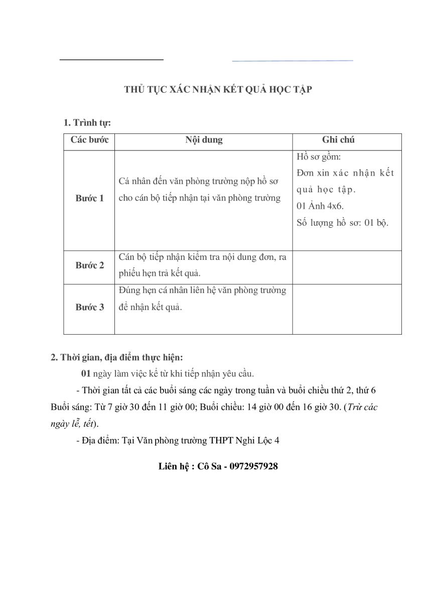 Thủ tục xác nhận kết quả học tập