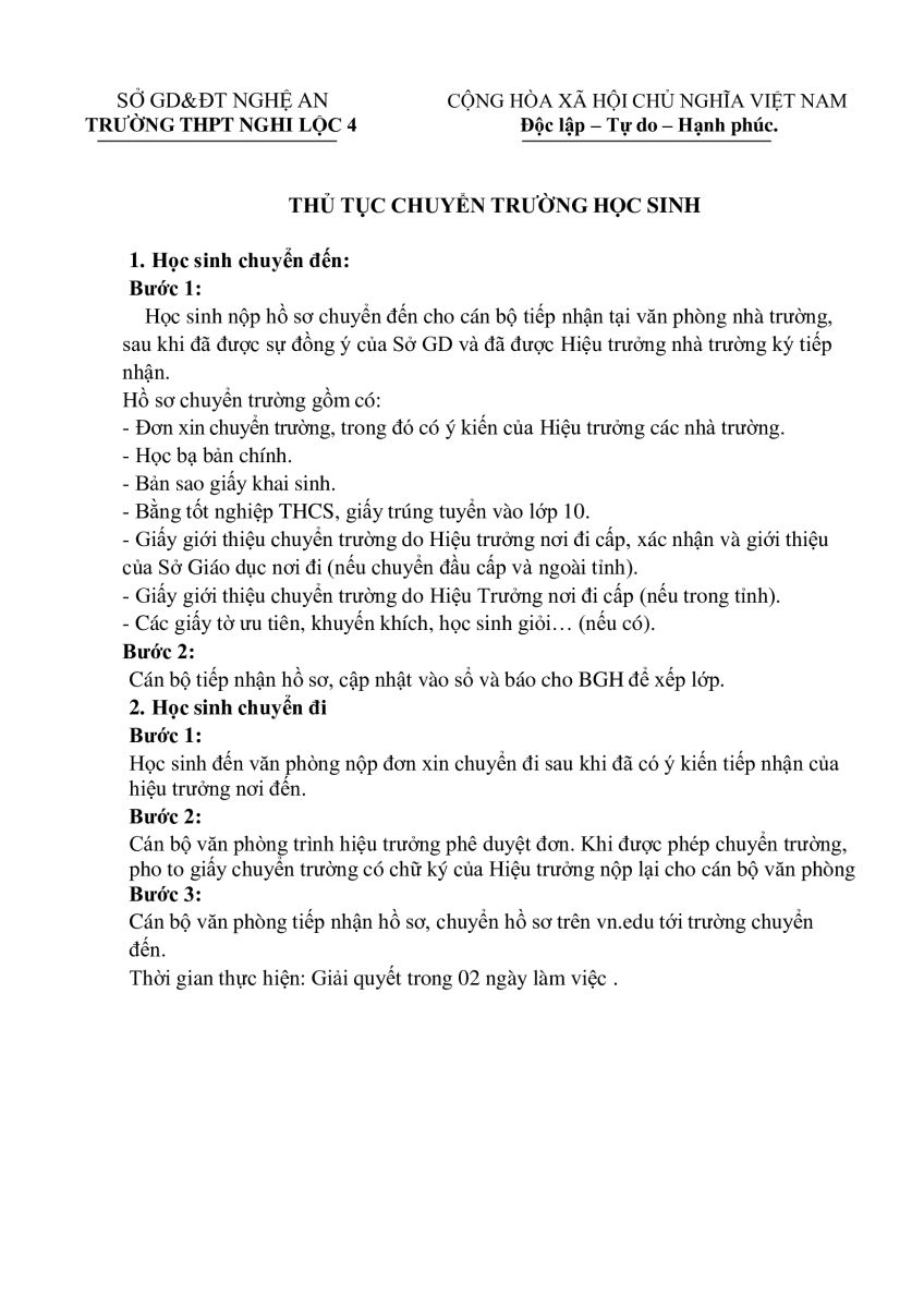 Thủ tục chuyển trường