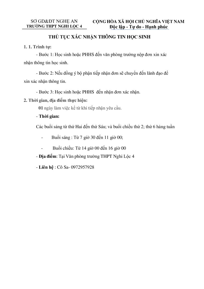 Thủ tục xác nhận thông tin học sinh