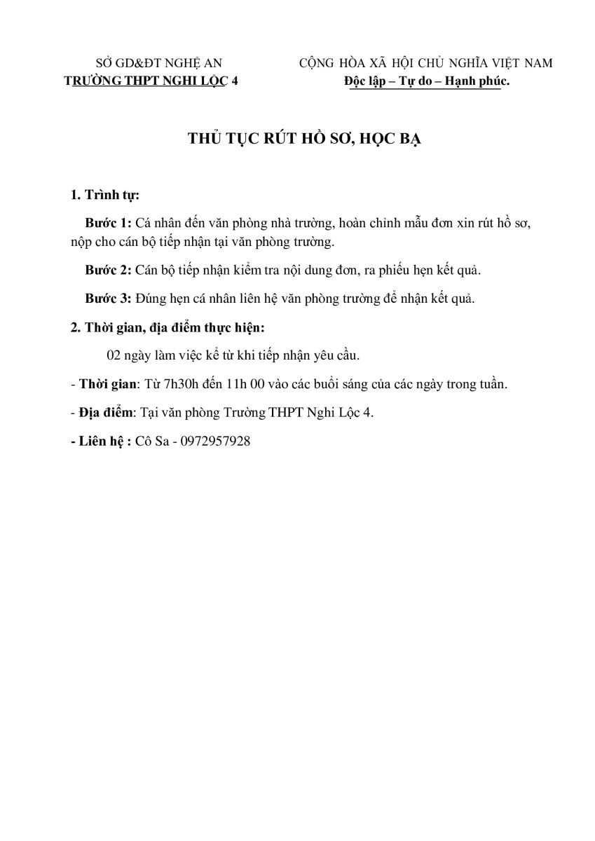 Thủ tục rút Hồ sơ, Học bạ