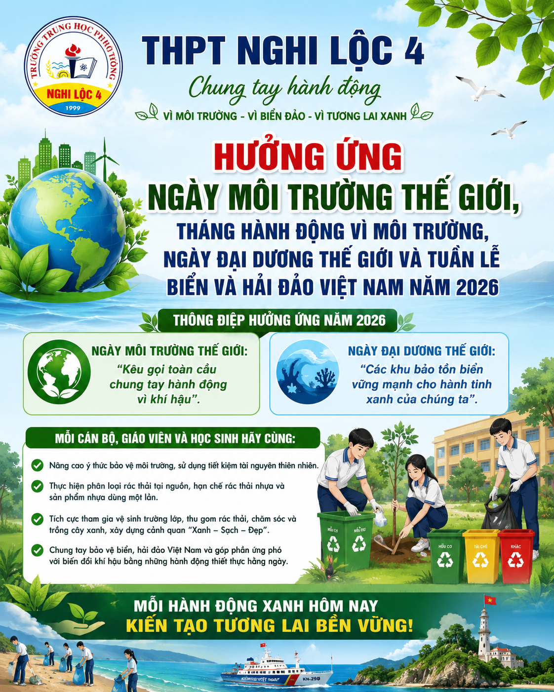 THPT NGHI LỘC 4 HƯỞNG ỨNG NGÀY MÔI TRƯỜNG THẾ GIỚI, THÁNG HÀNH ĐỘNG VÌ MÔI TRƯỜNG, NGÀY ĐẠI DƯƠNG THẾ GIỚI VÀ TUẦN LỄ BIỂN VÀ HẢI ĐẢO VIỆT NAM NĂM 2026